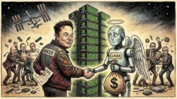 Ellon Musk and Claude robot shaking hands for more compute
