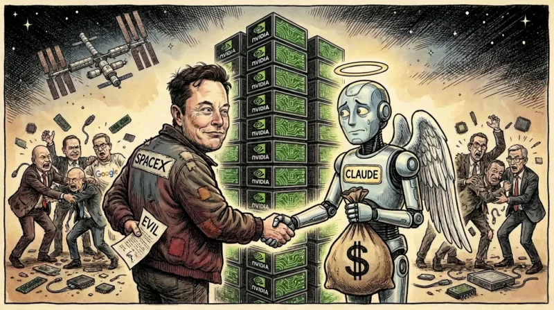 Ellon Musk and Claude robot shaking hands for more compute