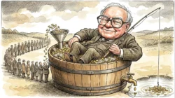 Warren Buffet in an old wine barrel fishing for new opportunities