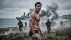 A mud-streaked man in swim briefs stands on a smoky Falklands-style coast, with a warship and armed soldiers behind him.