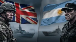 Split image of a British soldier in a helmet and combat gear in front of the Union Jack, facing an Argentine naval officer in a peaked cap in front of the Argentine flag, with a warship in the misty sea behind each of them.