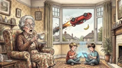 A shocked elderly woman spills her tea as an upside-down red sports car with rocket flames flies past her window, while two boys play on glowing tablets.