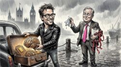 Illustration of a man in a leather jacket opening a suitcase of glowing golden AI brain and chips for a red-tape-laden official in a pink tie, in rainy London with Big Ben behind.