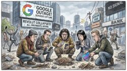 Cartoon of a gridlocked city street during a tech outage, with billboards reading “Google outage! Services offline” and “Revolut collapsed! All payments down”, while panicked passers-by hold up phones and a group of people crouch over a pile of sticks like cavemen, trying to start a fire with phones, a camera and a fan of Revolut cards.
