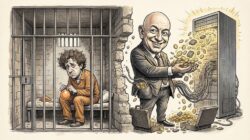 Cartoon contrasting two fortunes from Anthropic’s rise: a dejected, curly-haired man, presumably Sam Bankman-Fried, in an orange jumpsuit sits in a prison cell, while on the other side of a crumbling wall a smiling bald man in a suit, presumably Jeffrey Bezos, scoops handfuls of gold coins and chips from a glowing server rack.